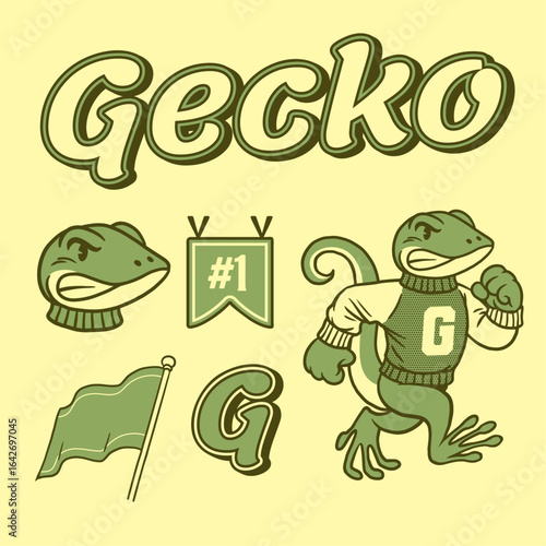 Gecko Mascot and Sport Object Set