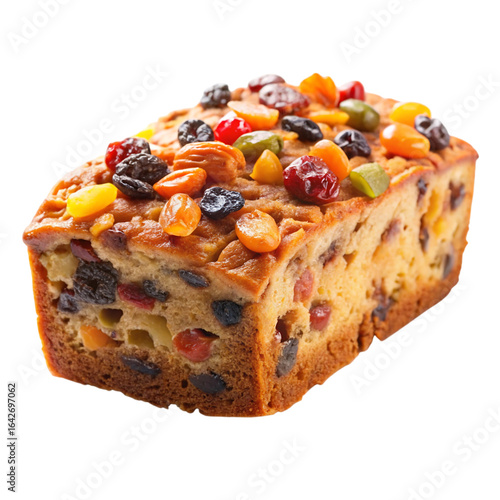 Photo of delicious fruitcake loaf with colorful dried fruits, isolated on transparent background