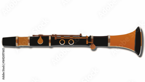 Illustration of a clarinet with black and brown sections and metal keys on a white background view silhouette