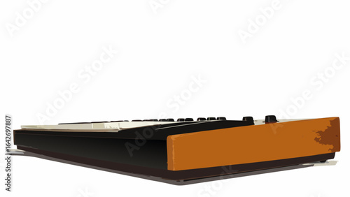 Close up view of a keyboard with black and white keys and an orange wooden side panel on a white background silhouette