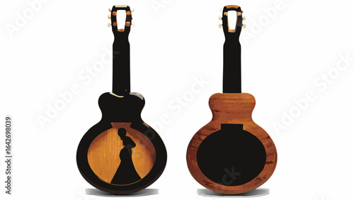Two guitars one with a silhouette of a pregnant woman and the other with a black circle cutout 100 char