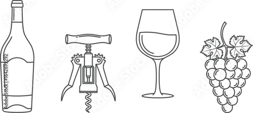 Elegant wine set illustration with bottle, glass, corkscrew, and grapes, perfect for wine tasting events, bar menus, and graphic design projects