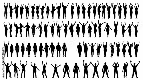 Silhouette collection of diverse people raising their hands in various poses and body positions standing up