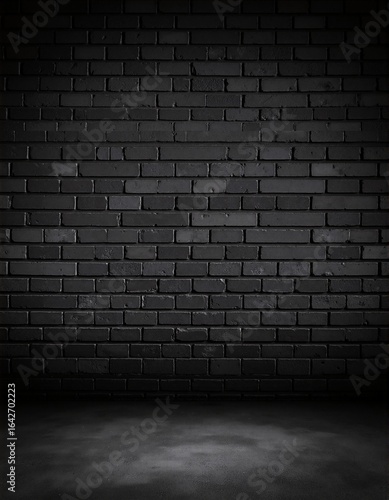 A textured dark brick wall illuminated by soft, warm light streaming from above, casting gentle shadows and highlighting the brick's rugged surface.