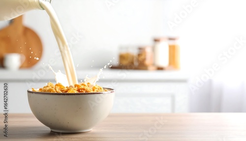 Milk pouring into cereal bowl