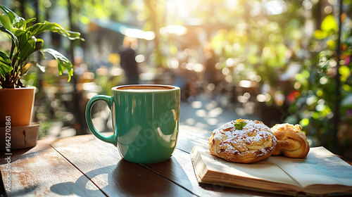A green coffee mug on a café table outdoors, surrounded by pastries and a book, sunny day. Urban background with people walking, light bokeh. Created Using: travel café photography, morning sun flare,