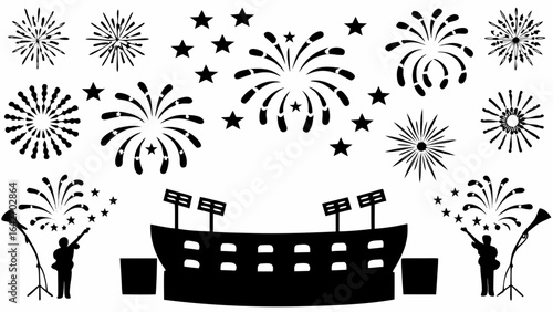 Silhouette of a stage with fireworks and stars above with musicians on either side of the stage area
