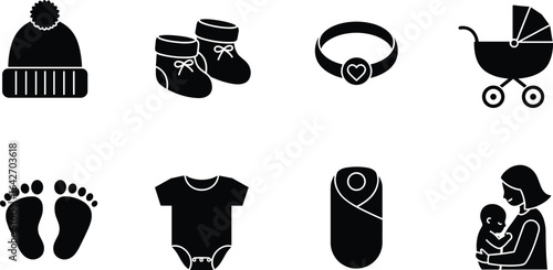 Baby clothing and accessories set, newborn essentials, infant hat and booties, baby bracelet, stroller, footprints, bodysuit, swaddle wrap, mother holding baby, baby care items, infant products