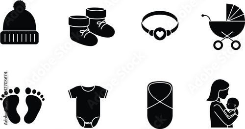Baby essentials collection, infant clothing and accessories, newborn care items, baby hat, booties, bracelet, stroller, footprints, bodysuit, swaddle wrap, mother holding baby, infant products,
