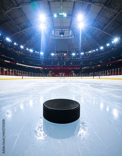 A hockey puck sits center ice in a brightly lit arena