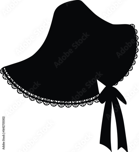Vintage wide brim bonnet silhouette, retro ladies hat, classic headwear with ribbon, lace trim detail, elegant fashion accessory, Victorian style, black and white vector illustration