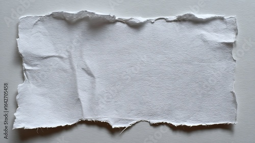 Torn piece of white handmade paper with deckle edges on white surface