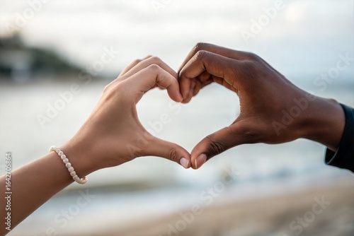 Hands forming a heart shape against a soft, blurred natural background, symbolizing love, connection, and unity between diverse people.