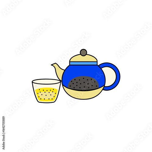Stylized blue teapot and cup with yellow liquid