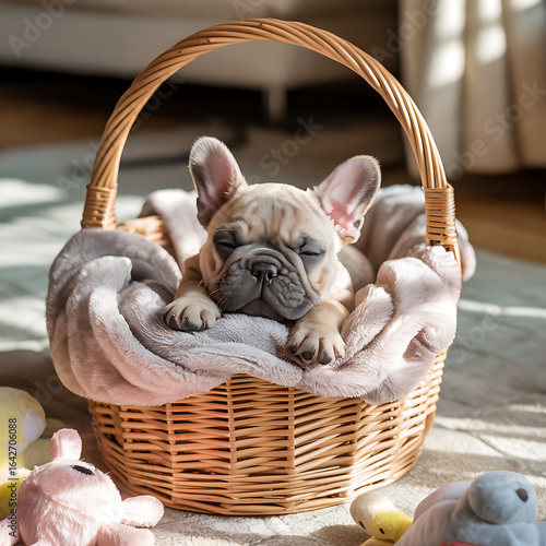 Sleeping French Bulldog Puppy Cozy in Wicker Basket with Plush Blanket