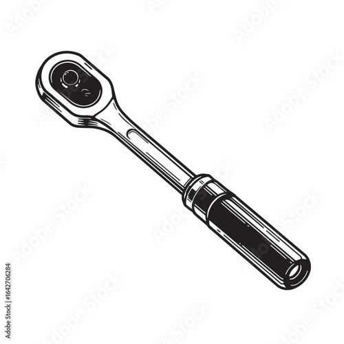 Detailed black and white illustration of a ratchet wrench on a clean white background