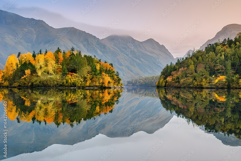 Fototapeta premium Symmetrical Mountain Landscape Reflection in Calm Lake Water