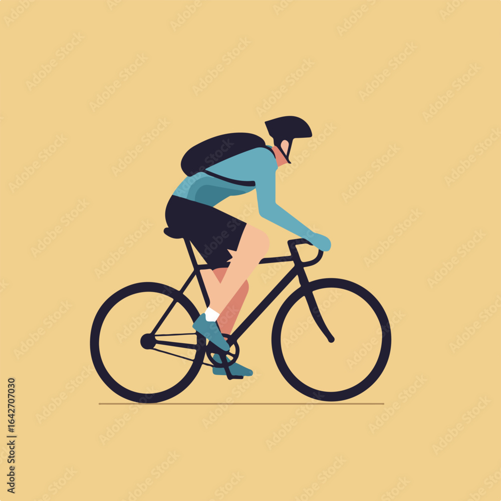 Fototapeta premium A stylized illustration of a cyclist wearing a helmet and backpack, riding a road bike against a yellow background.