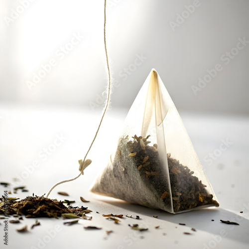A single tea bag isolated on a white background, showing its tag and string,