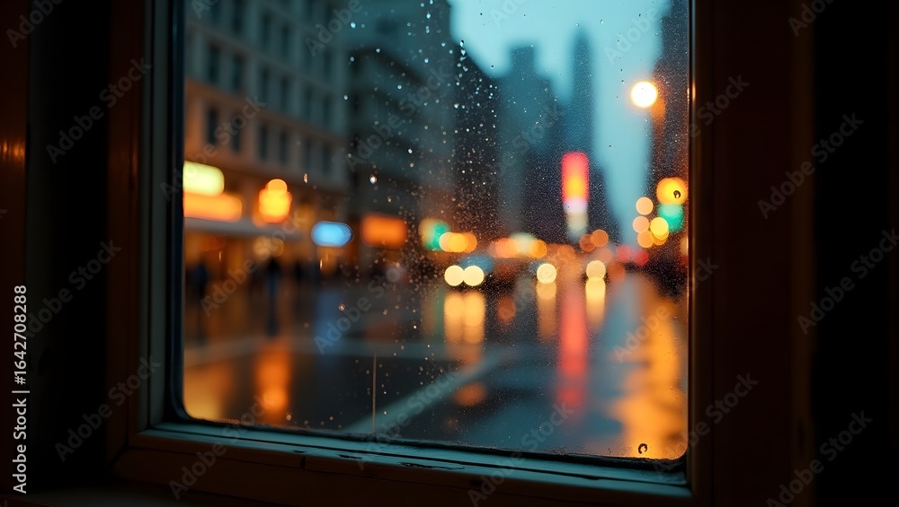Fototapeta premium Rainy city night view through a window with blurry lights