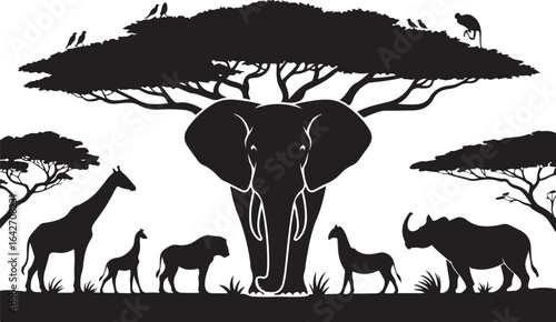 A black vector silhouette collection of wild animals, including a deer, elephant, bear, and giraffe, is a great design illustration