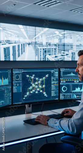 Male Control Room Operator Works on a Multi-Monitor Computer, Analyzing Data and Logistics in a Modern Command Center.