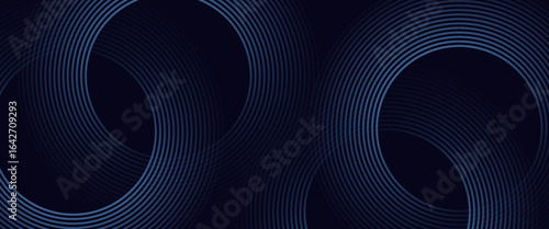Abstract blue glowing geometric lines on dark blue background. Modern shiny blue circle lines pattern. Futuristic technology concept. Suit for cover, poster, banner, brochure, header, website