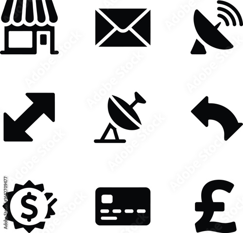 Black icons for retail communication finance and currency graphic symbol
