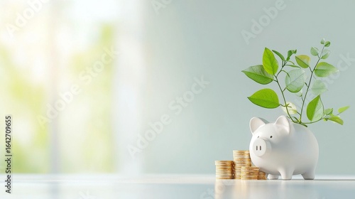 Wallpaper Mural Growing wealth piggy bank with coins and plant minimalist home office finance concept bright environment close-up view Torontodigital.ca
