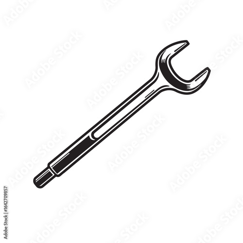 Detailed monochrome illustration of a wrench isolated on white background for tools and repair