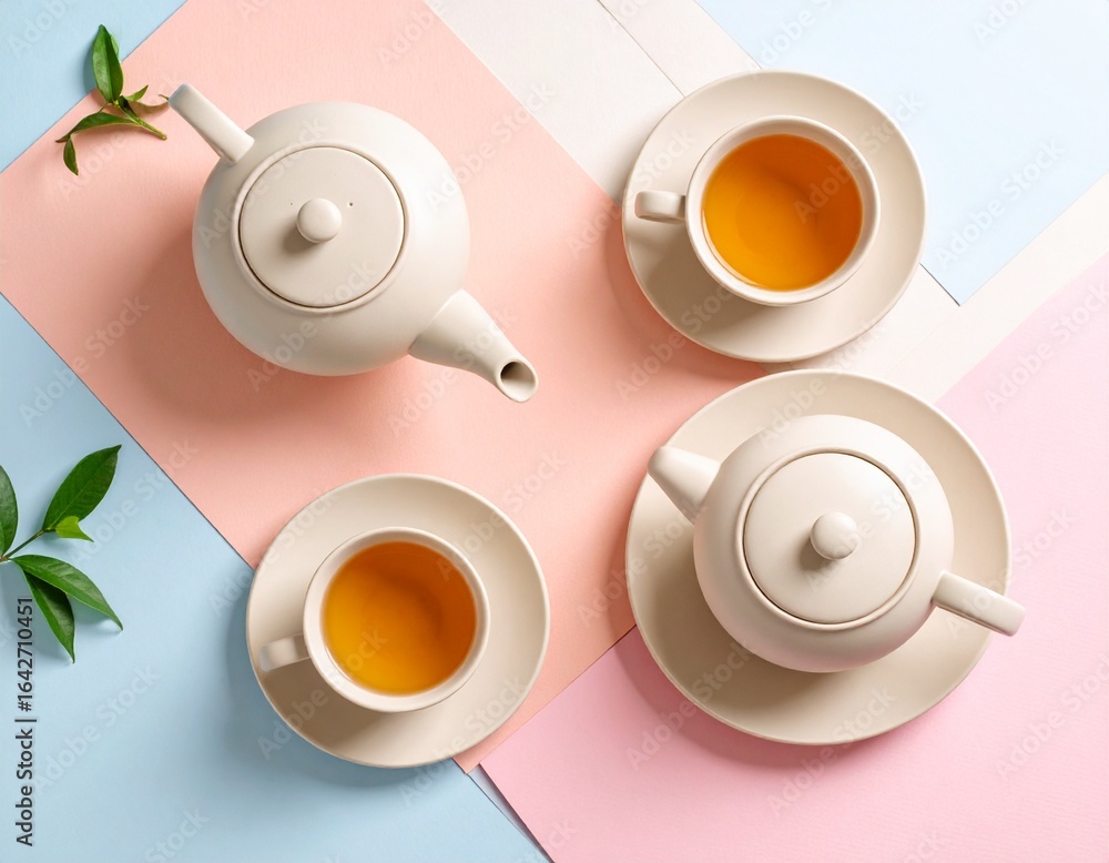 Elegant tea time concept with a minimalist ceramic tea set. A flat lay of teapots and cups on a pastel color block background. Elegant tea time concept with a minimalist ceramic tea set. A flat lay of teapots and cups on a pastel color block background.