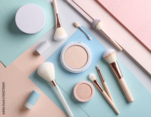 Aesthetic flat lay of cosmetic products and makeup brushes on a pastel geometric background. Beauty and self-care concept.