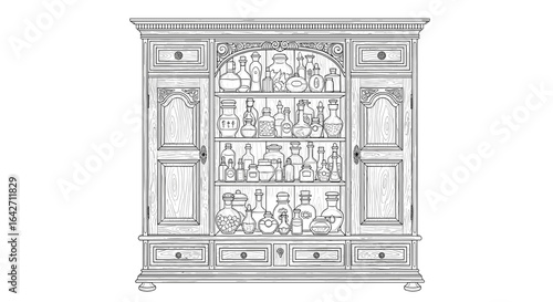 Detailed line art of antique cabinet with potion bottles for coloring
