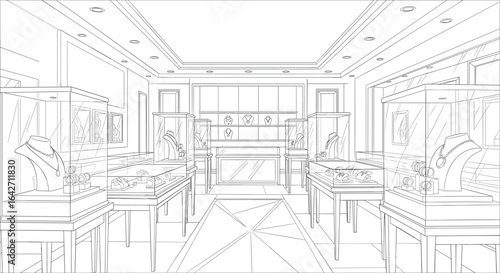 Jewelry store interior design sketch line art showroom illustration