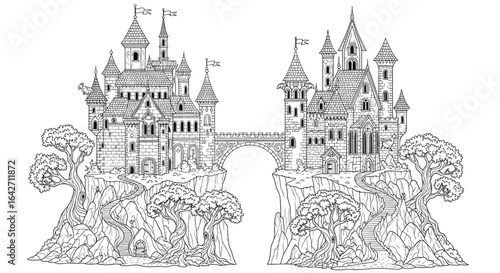 Castle coloring page for adults detailed fantasy architecture art