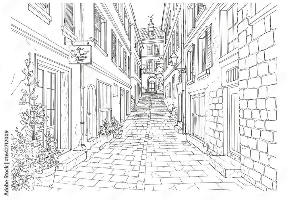 Obraz premium Coloring page of european street scene with buildings and cobblestones