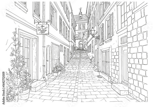 Coloring page of european street scene with buildings and cobblestones
