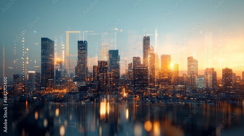 Fototapeta premium Urban sunset skyline view cityscape digital art evening aesthetic vibes