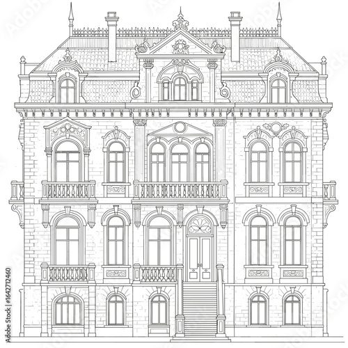 Detailed victorian mansion architecture line art coloring page design
