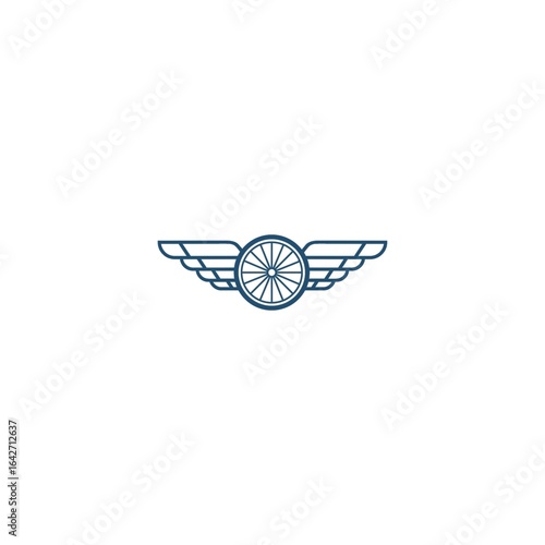 This logo features a minimalist design in the form of a winged wheel, with a thin dark blue line style.