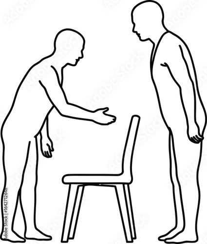 Illustration of offering a chair to a person standing up tall