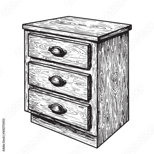 Hand drawn illustration of a wooden nightstand with three drawers perfect for bedroom decor