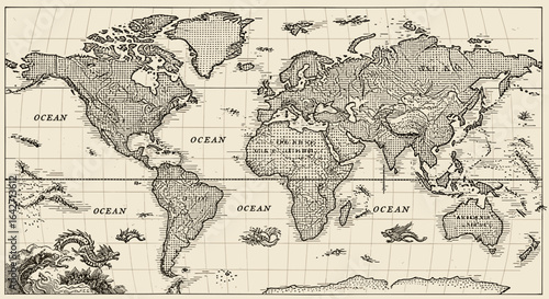Vintage world map illustration antique geography ocean continents dragons