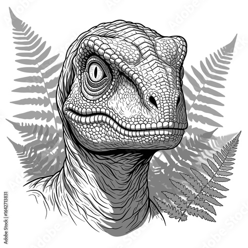 Dinosaur raptor head drawing black and white illustration with ferns