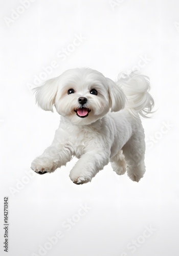 A Joyful Canine Leap on white background, Playful Maltese Puppy, a Maltese dog in mid-air, Energetic dog leaping,  