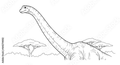 Line drawing of a brachiosaurus dinosaur in a prehistoric landscape