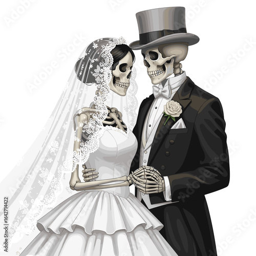 Skeleton bride and groom in wedding attire on white background