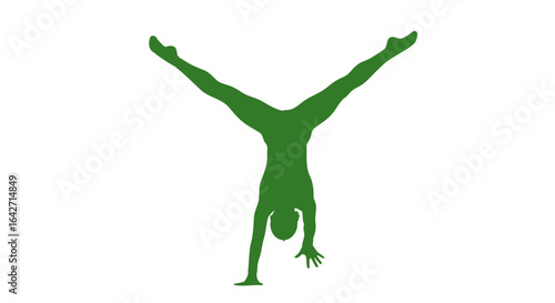 green silhouette of person doing handstand yoga fitness and balance
