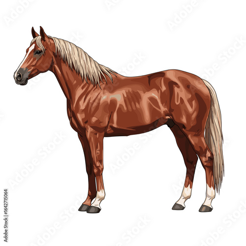 Majestic chestnut horse standing proudly on a white background