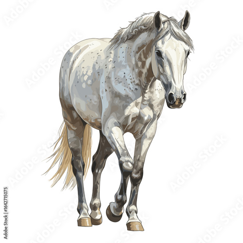 A dappled gray horse walking forward on a solid white background view